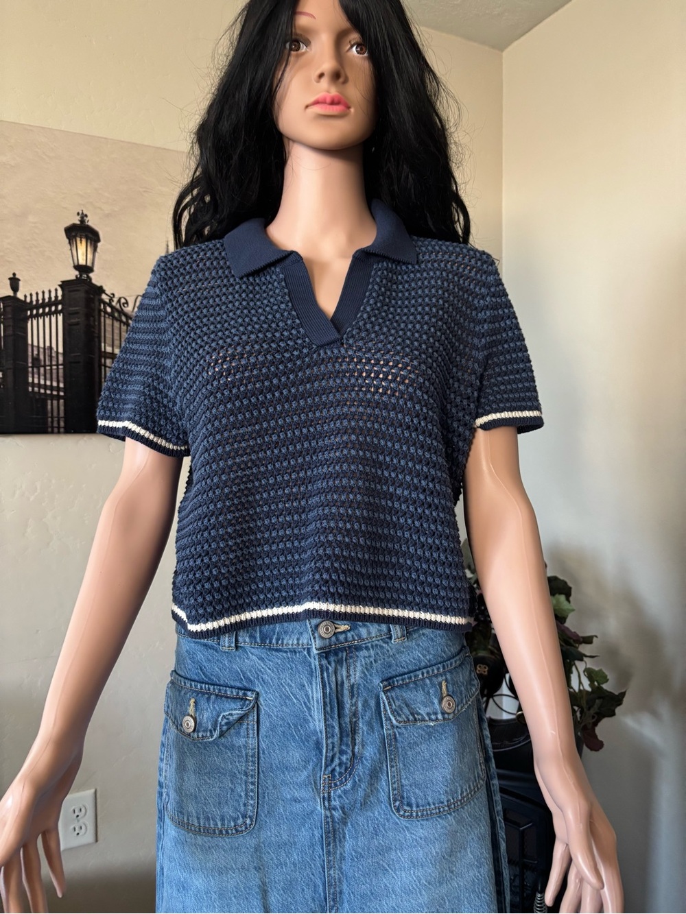 American Eagle Outfitters Navy Blue Knit Cropped Polo Top with White Trim